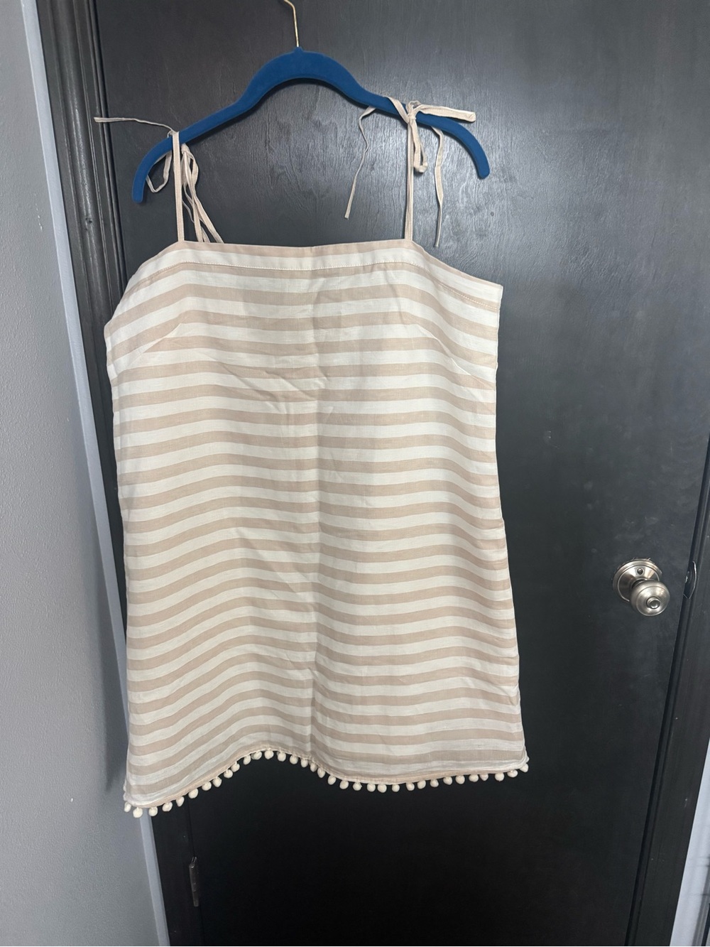 NWT Striped Beige & White Spaghetti Strap Dress with Pom Trim